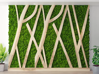 Living Plant Wall With Wooden Cross Strips And Lush Green Moss In Indoor Space 3d model