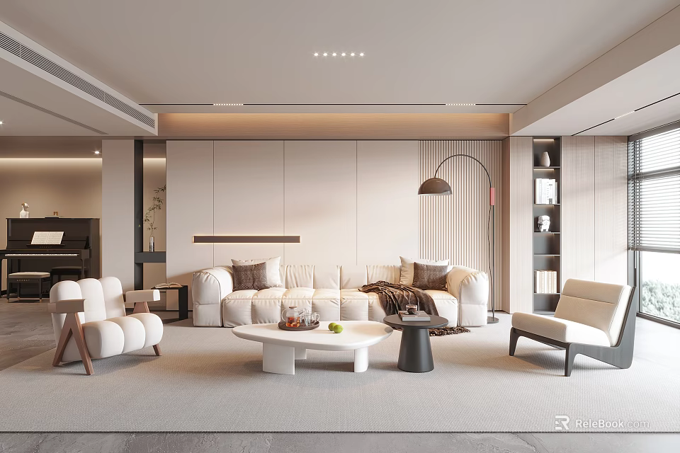Modern Elegant Living Room Interior With White Sofa Round Coffee Table Floor Lamp Beige Walls 3d model 