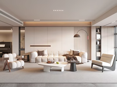 Modern Elegant Living Room Interior With White Sofa Round Coffee Table Floor Lamp Beige Walls 3d model