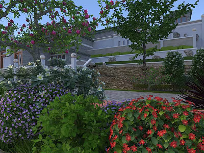 Modern Residential Landscape With Colorful Flowers Green Plants Trees And Garden Steps 3d model