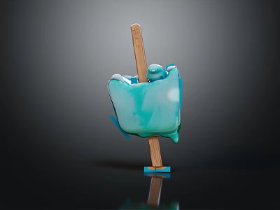 Melting Blue Popsicle With Dripping Texture On Wooden Stick Against Black Background 3d model