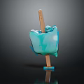 Melting Blue Popsicle With Dripping Texture On Wooden Stick Against Black Background