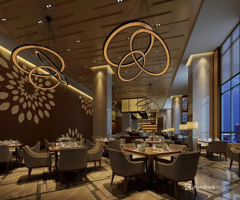 Modern Restaurant Interior With Circular Pendant Lights Dining Tables And Wall Decor 3d model 
