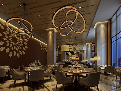 Modern Restaurant Interior With Circular Pendant Lights Dining Tables And Wall Decor 3d model