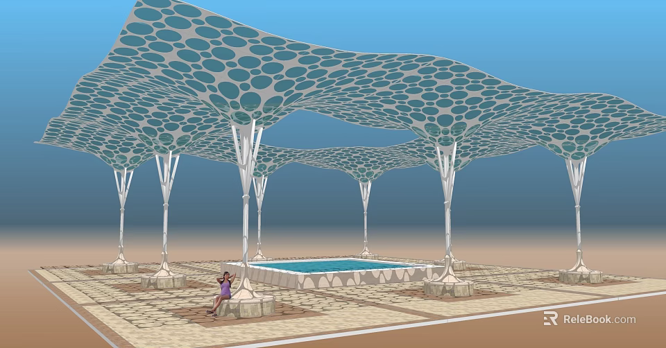 Blue Dot Pattern Sunshade Canopy With White Pillars Over Swimming Pool And People Sitting 3d model 