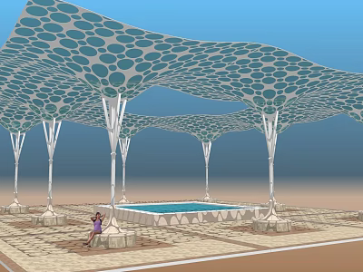 Blue Dot Pattern Sunshade Canopy With White Pillars Over Swimming Pool And People Sitting 3d model