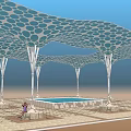 Blue Dot Pattern Sunshade Canopy With White Pillars Over Swimming Pool And People Sitting