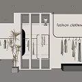 Fashion Clothing Store Interior with Hanging Clothes Display Area and Decorative Plant