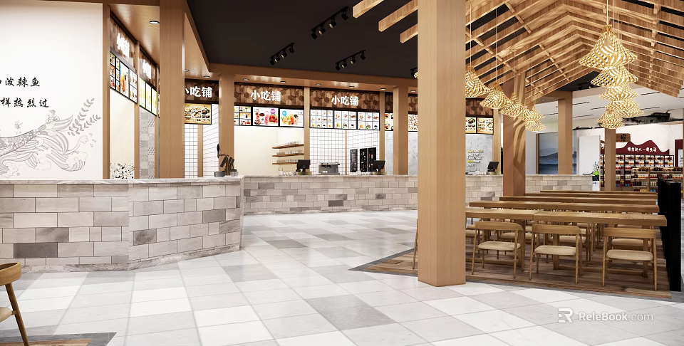 Warm Restaurant Interior With Wooden Beams Stone Walls Menu Boards And Wooden Tables Chairs 3d model 