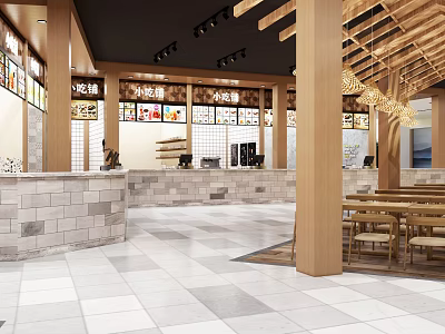 Warm Restaurant Interior With Wooden Beams Stone Walls Menu Boards And Wooden Tables Chairs 3d model