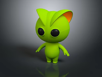 Green Cartoon Game Movie Character With Big Black Eyes And Green Ears With Orange Inside 3d model