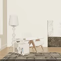 Modern White Leisure Chair With Side Table Floor Lamp Striped Rug And Wall Art