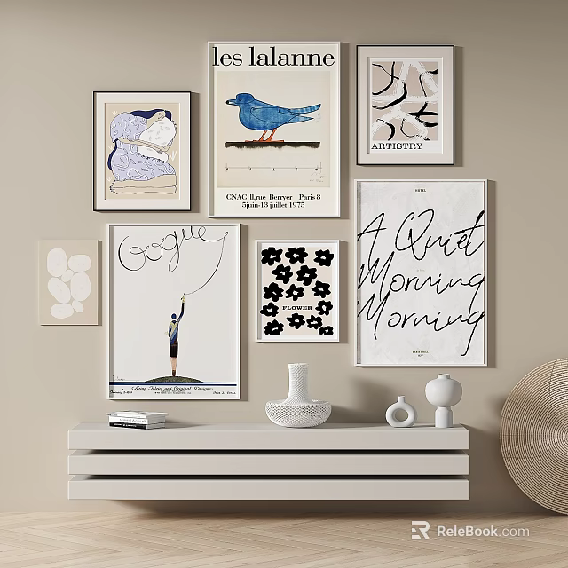 Artistic Wall Decor With Various Prints And Console Table Accents 3d model