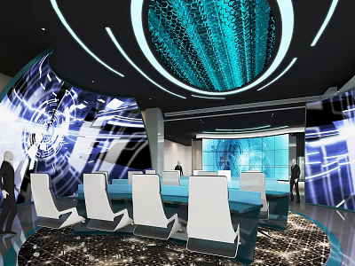 Futuristic Indoor Space With Circular Blue Ceiling Modern Seats And Digital Screens 3d model