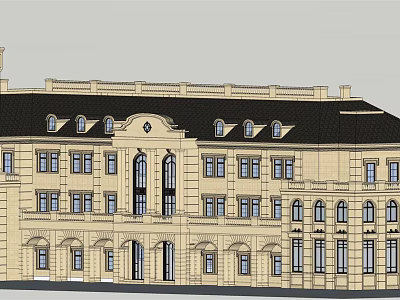 European Style Architecture Facade With Classic Design Symmetric Structure And Arched Windows 3d model