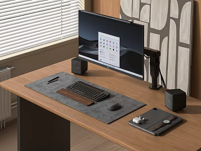Modern Computer Workspace With Monitor Keyboard Mouse Pad And Speakers On Wooden Desk 3d model