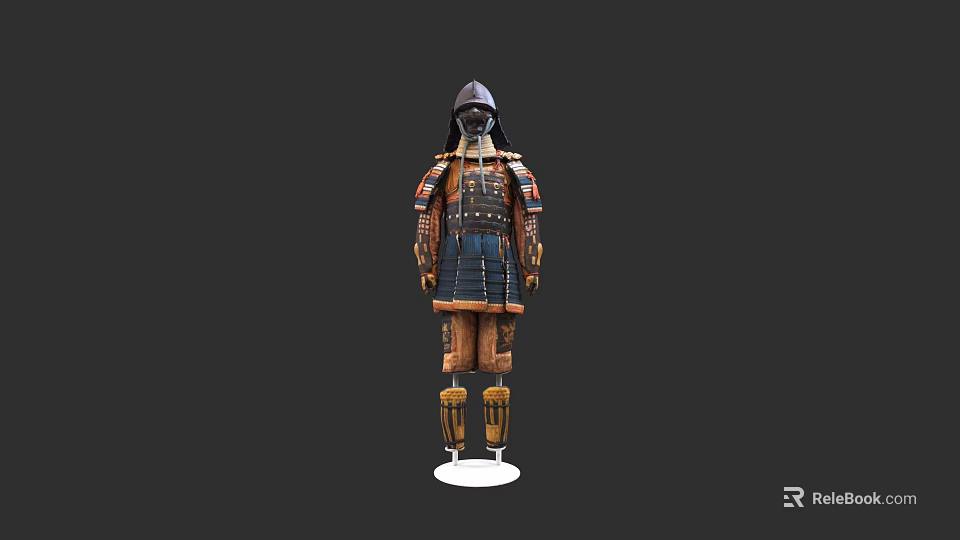 Traditional Samurai Armor Display With Blue And Brown Details On White Stand 3d model 