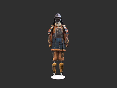 Traditional Samurai Armor Display With Blue And Brown Details On White Stand 3d model