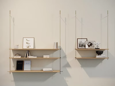 Minimalist Wall-Mounted Light Wooden Shelves Display Decorative Items Photo Frames And Books 3d model
