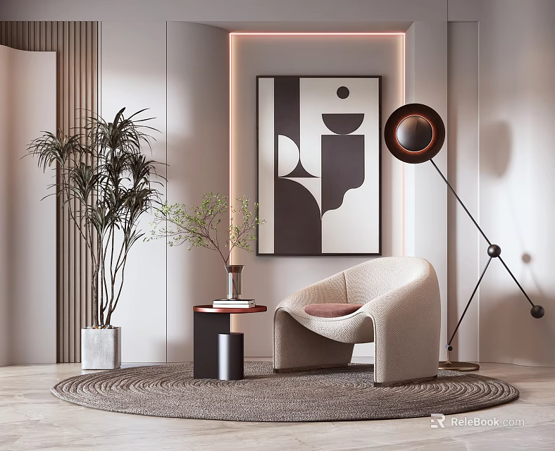 Modern Interior Featuring Beige Accent Chair Abstract Painting Floor Lamp Potted Plant And Woven Rug 3d model 