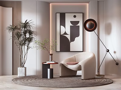 Modern Interior Featuring Beige Accent Chair Abstract Painting Floor Lamp Potted Plant And Woven Rug 3d model