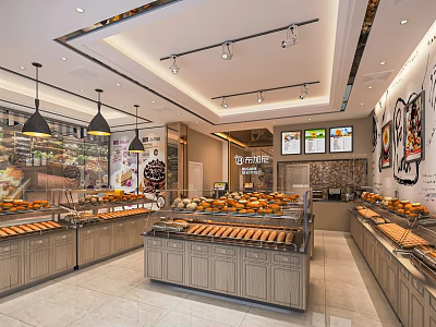Modern Dessert Shop Interior With Display Cases Bread Pastries Pendant Lights Counters And Menu Screens 3d model