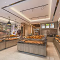Modern Dessert Shop Interior With Display Cases Bread Pastries Pendant Lights Counters And Menu Screens