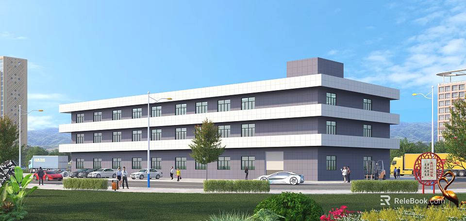 Multi Storey Industrial Factory Building With Modern Gray And White Exterior Lawn And Trees 3d model 
