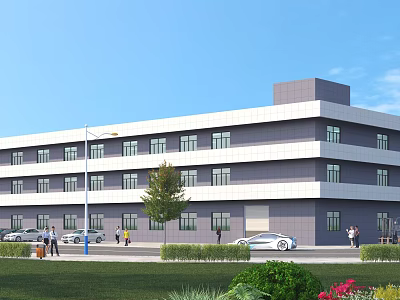 Multi Storey Industrial Factory Building With Modern Gray And White Exterior Lawn And Trees 3d model