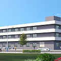 Multi Storey Industrial Factory Building With Modern Gray And White Exterior Lawn And Trees