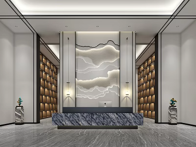 Modern Hotel Lobby Interior Design With Marble Reception Desk Feature Wall And Decorative Plants 3d model