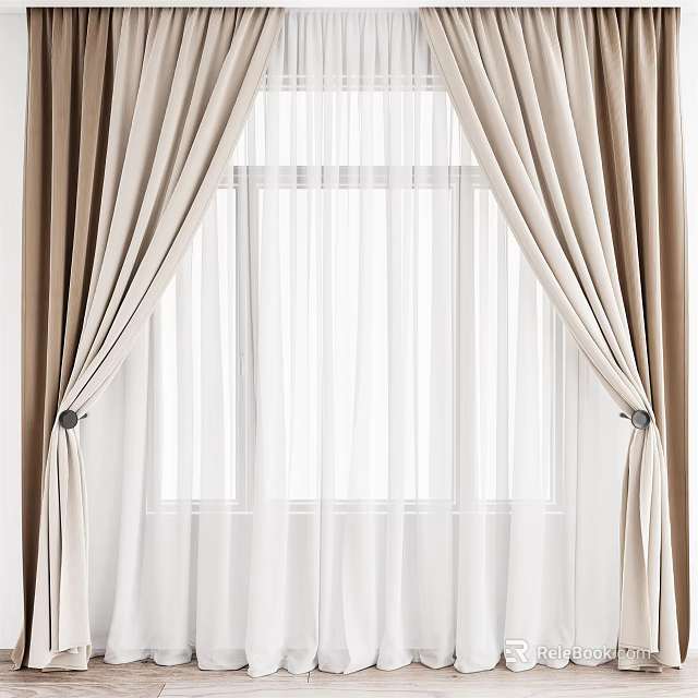 Beige Textured Curtains with Sheer Inner Layer and Tieback Design for Window Decoration 3d model