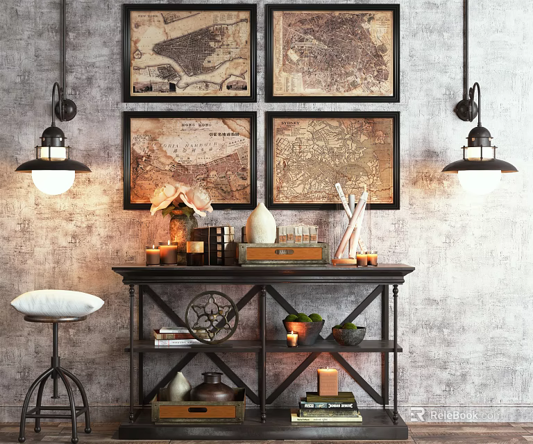 Vintage Storage Shelf with Framed Maps Vases Books and Pendant Lights on Gray Textured Wall 3d model 