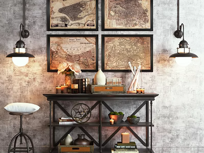 Vintage Storage Shelf with Framed Maps Vases Books and Pendant Lights on Gray Textured Wall 3d model