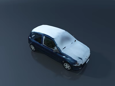 Blue Compact Car With Snow Covered Exterior In Winter Scene 3d model
