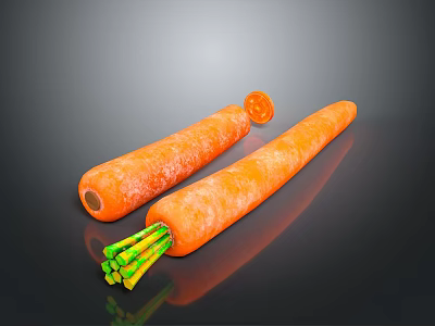 Fresh Whole Carrots With Sliced Piece And Green Tops On Black Surface 3d model