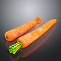 Fresh Whole Carrots With Sliced Piece And Green Tops On Black Surface