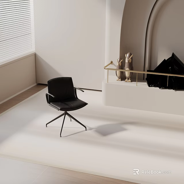 Modern Black Leather Office Chair With Metal Base Minimalist Indoor White Walls Blinds Fireplace 3d model 