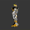 Yellow And White Mech Robot Character With Antennas Weapons And Armor Design