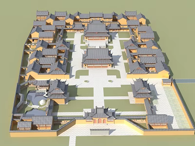 Aerial Planning of Traditional Chinese Ancient Building Complex With Symmetric Courtyard Layout And Multiple Roofs 3d model