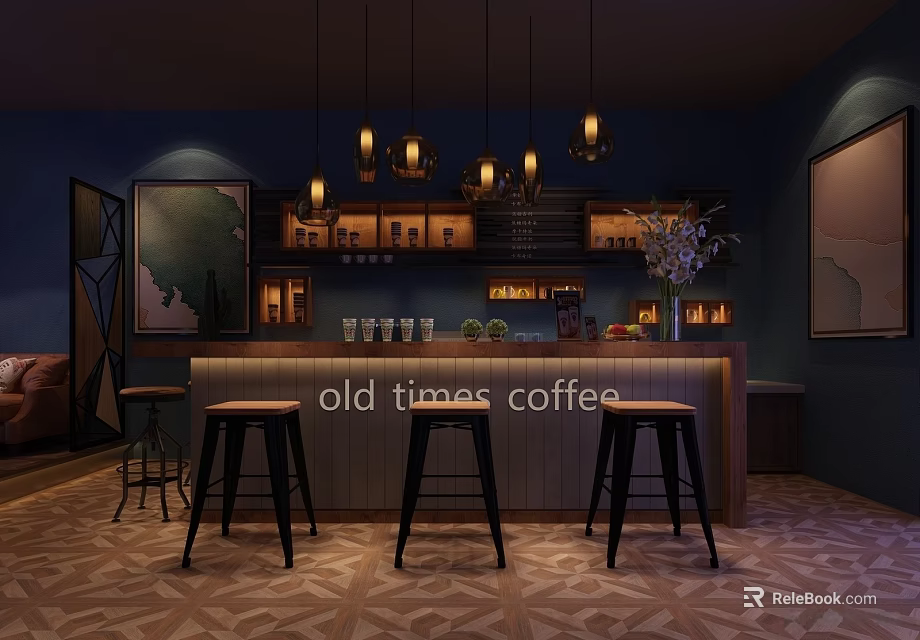 Old Times Coffee Shop Interior With Bar Counter Stools Pendant Lights And Dark Walls 3d model 