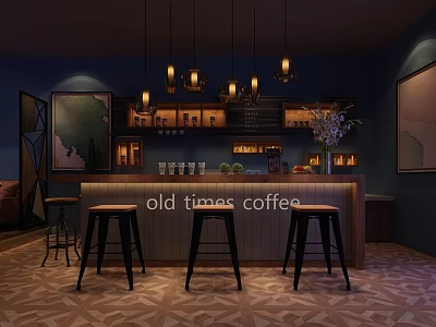 Old Times Coffee Shop Interior With Bar Counter Stools Pendant Lights And Dark Walls 3d model