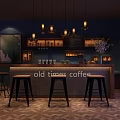 Old Times Coffee Shop Interior With Bar Counter Stools Pendant Lights And Dark Walls