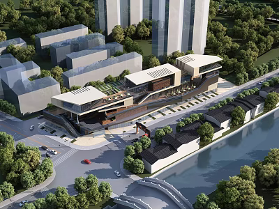 Modern Commercial Complex Architecture With Riverfront Greenery And Traditional Style Buildings 3d model