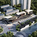 Modern Commercial Complex Architecture With Riverfront Greenery And Traditional Style Buildings