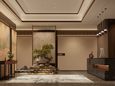 Elegant Traditional Hotel Lobby Interior With Cascading Water Screen Bonsai Tree And Reception Desk 3d model