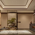 Elegant Traditional Hotel Lobby Interior With Cascading Water Screen Bonsai Tree And Reception Desk