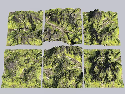 Detailed 3D Green Mountain Terrain Models Displayed in Six Square Panels With Natural Landform Features 3d model