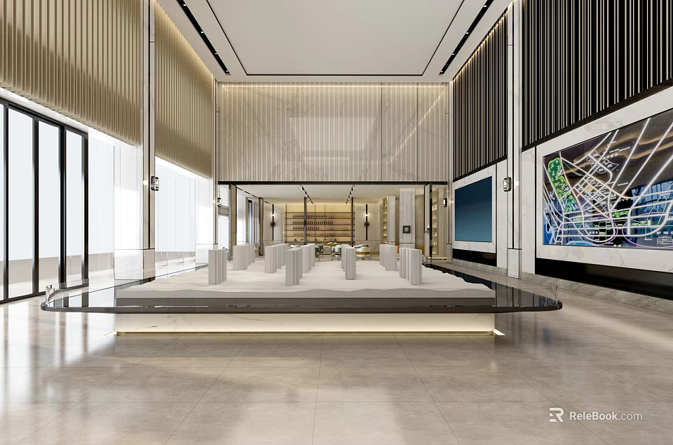 Modern Sales Office Interior With Sand Table And Spacious Layout 3d model 