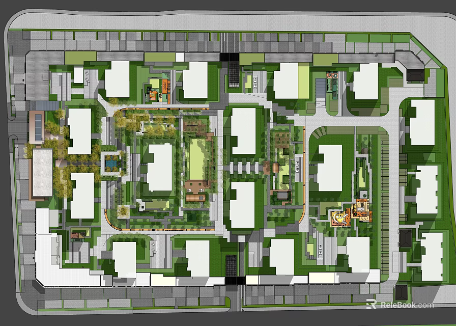 Residential Community Site Plan Featuring Building Layout Green Areas and Pathways 3d model 
